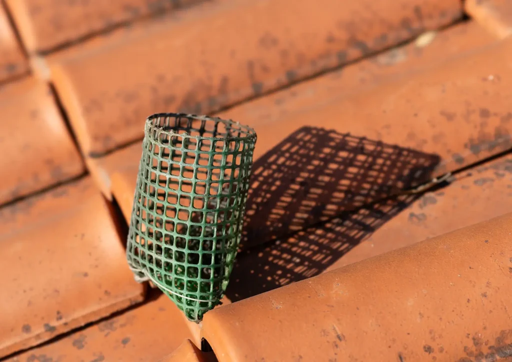 Gutter guard insert among ceramic roof tiles.