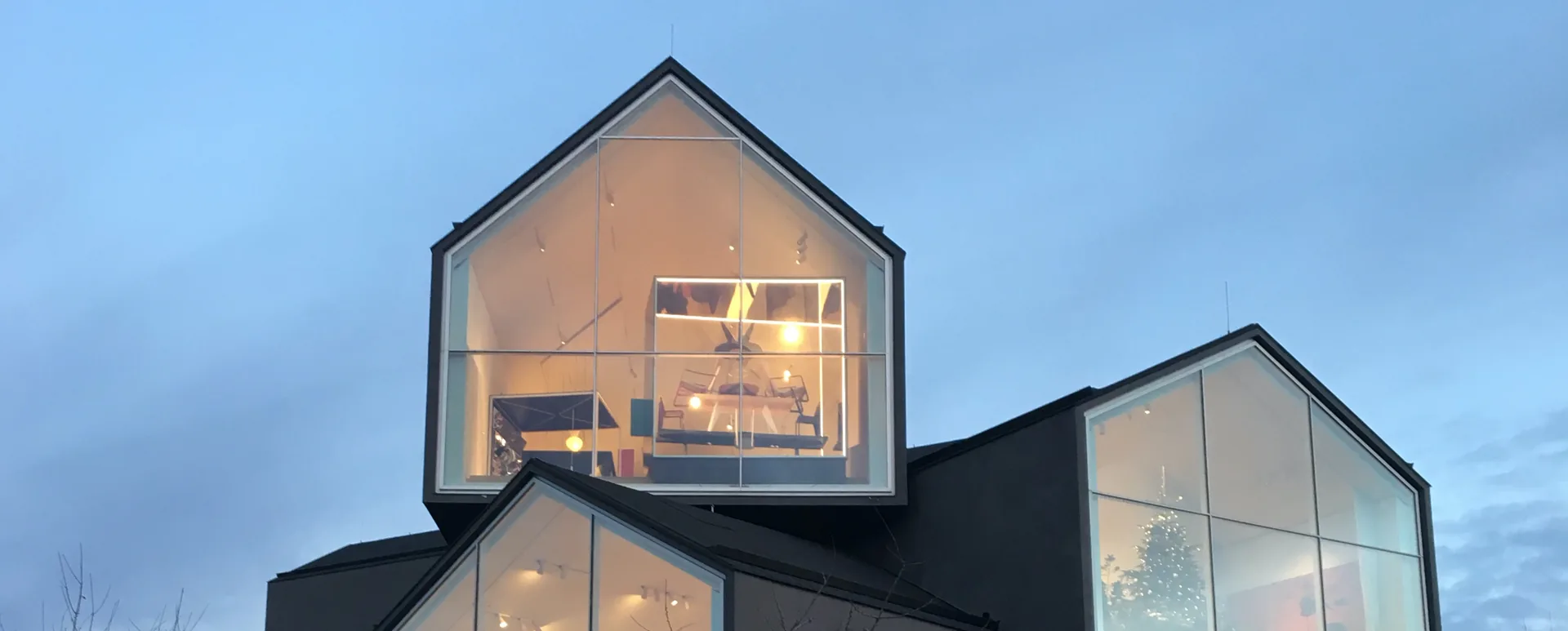 VitraHaus exterior at blue hour.