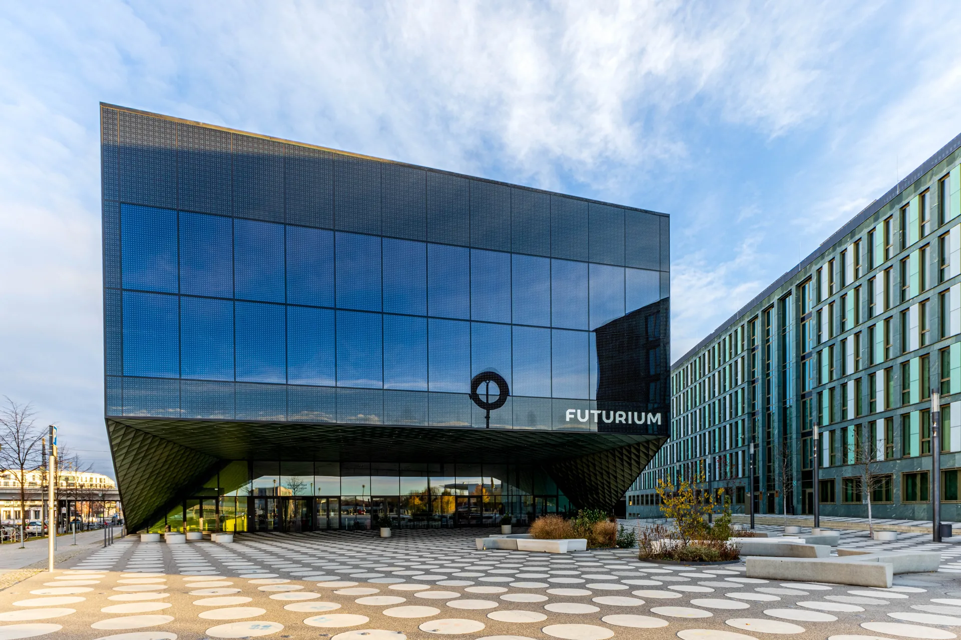 Glazed exterior and public plaza of the Futurium in Berlin.