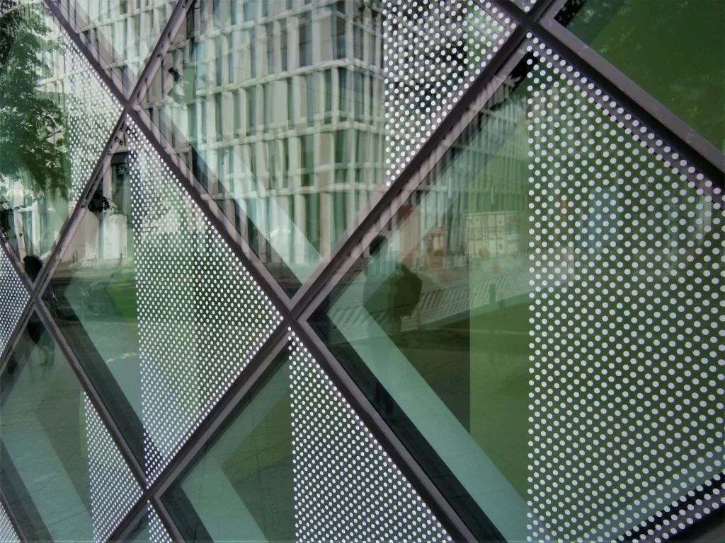 Geometric glass facade elements of the Futurium.